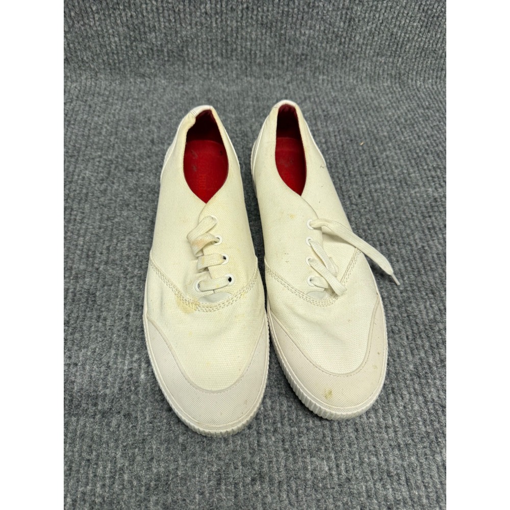 Hugo Boss Mens Cream Canvas Low Top Sneakers Off White Red Insole Lace Up Shoes